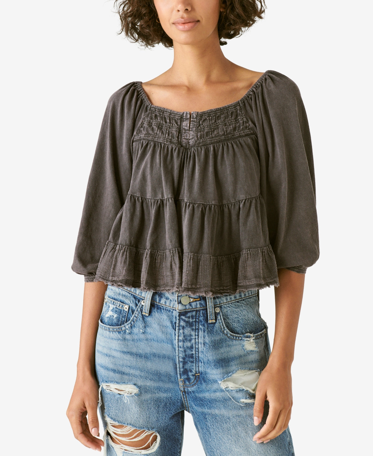 Lucky Brand Women's Tiered Cotton Top Black Size X-Large