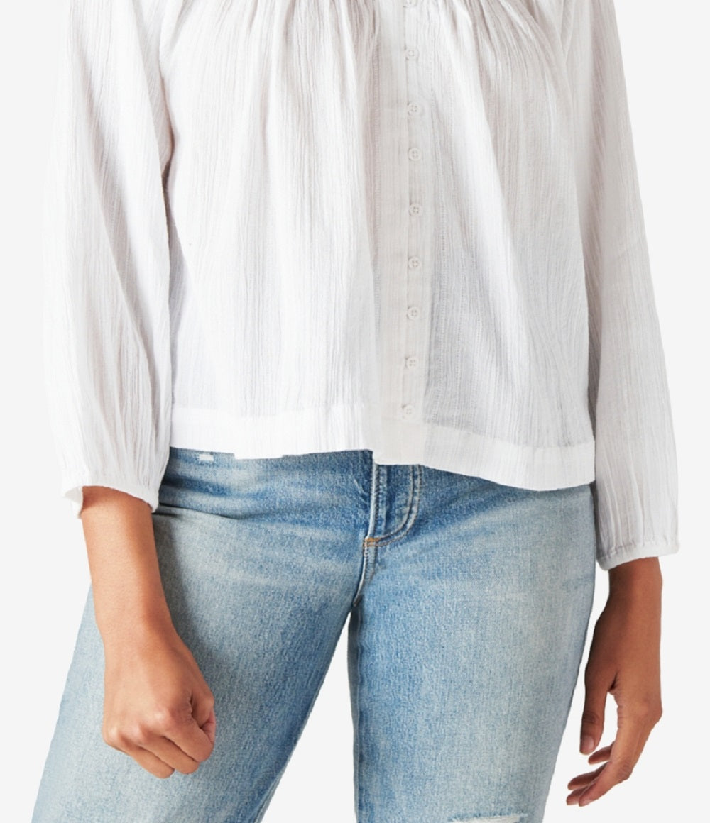 Lucky Brand Women's Embroidered Button Front Cotton Peasant Blouse White Size Large