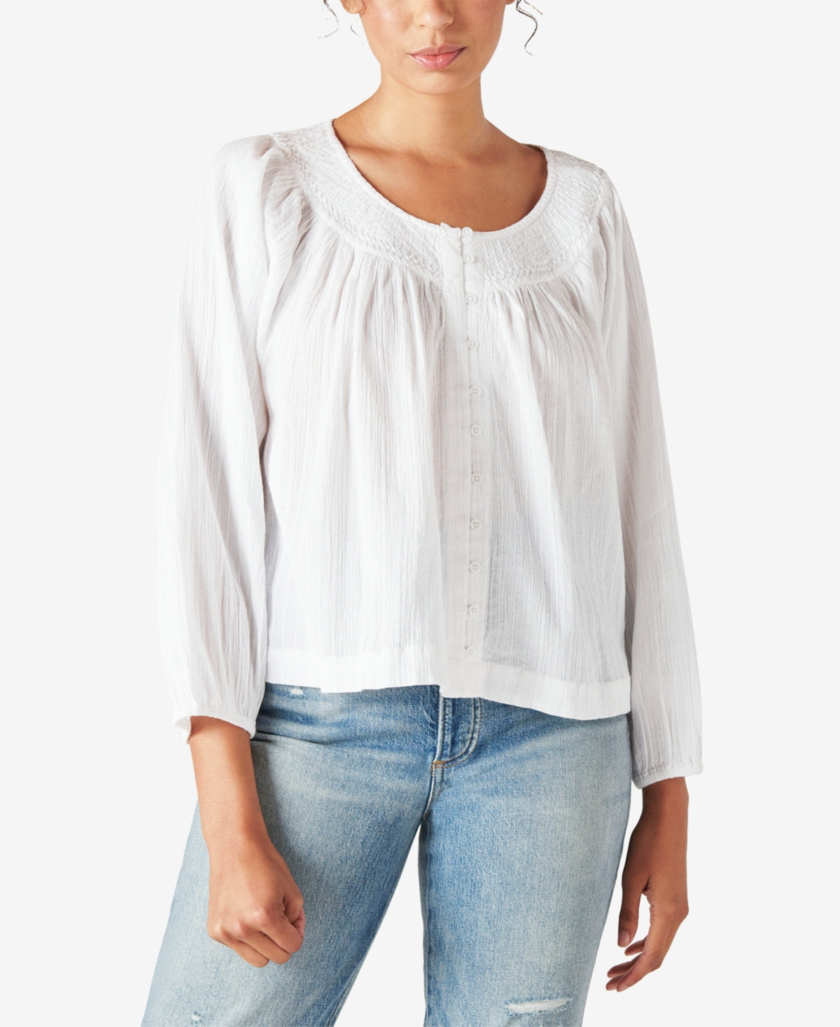 Lucky Brand Women's Embroidered Button Front Cotton Peasant Blouse White Size Large