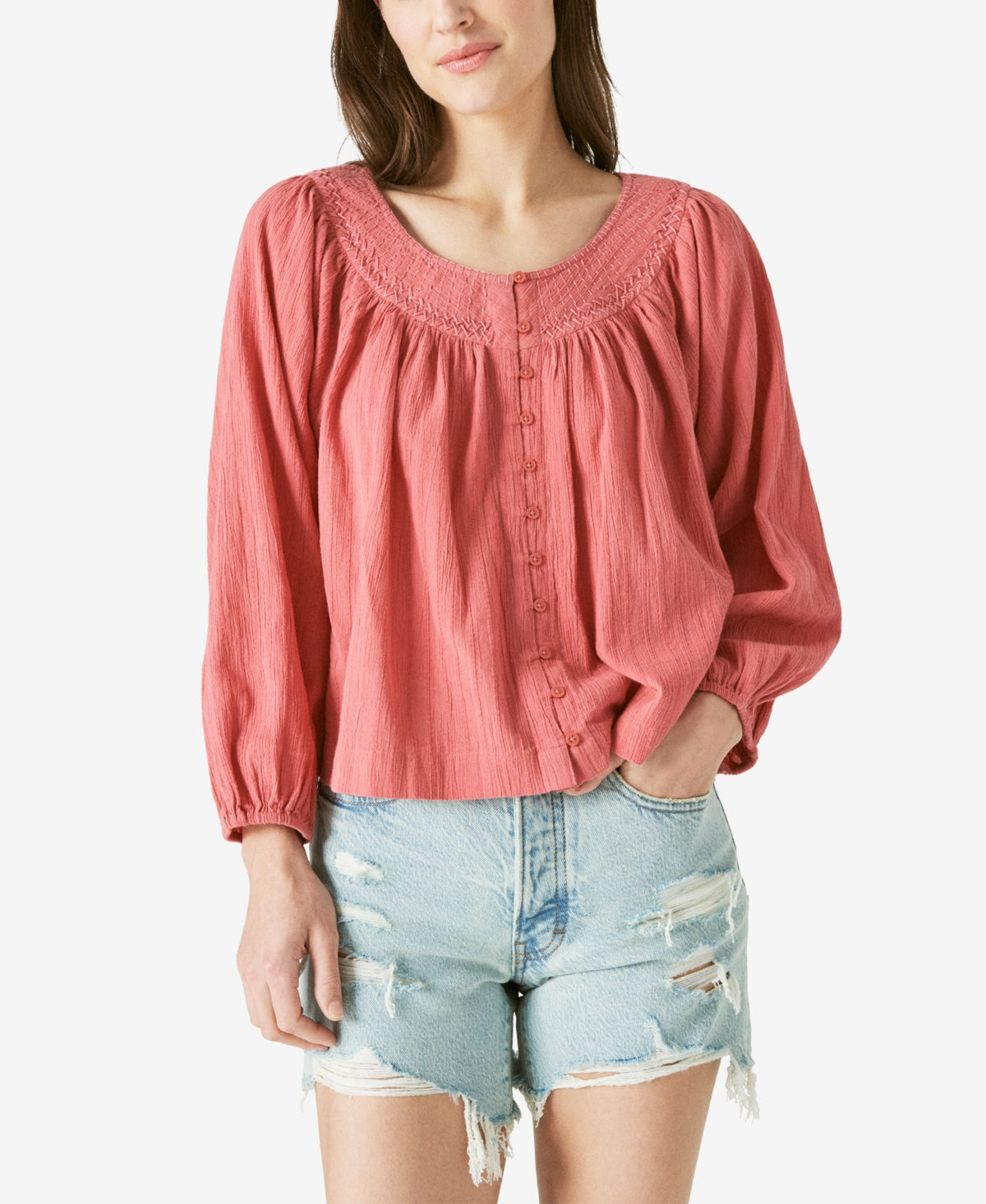 Lucky Brand Women's Embroidered Button Front Cotton Peasant Blouse Pink Size XX-Large