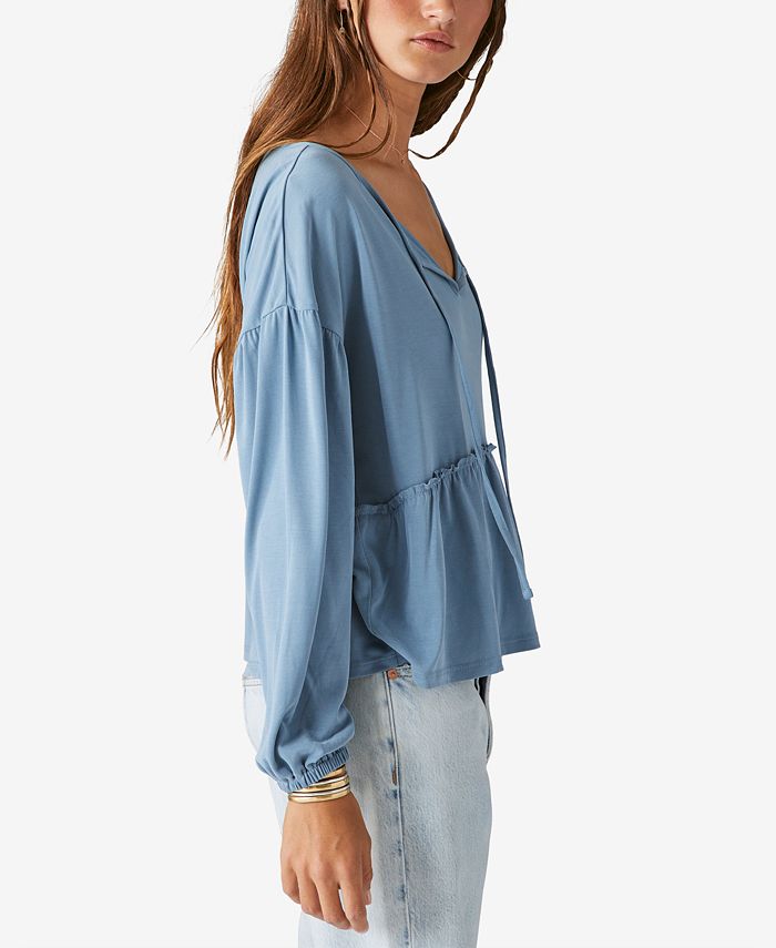 Lucky Brand Women's Sandwash Split Neck Long Sleeve Knit Top Blue Size Medium