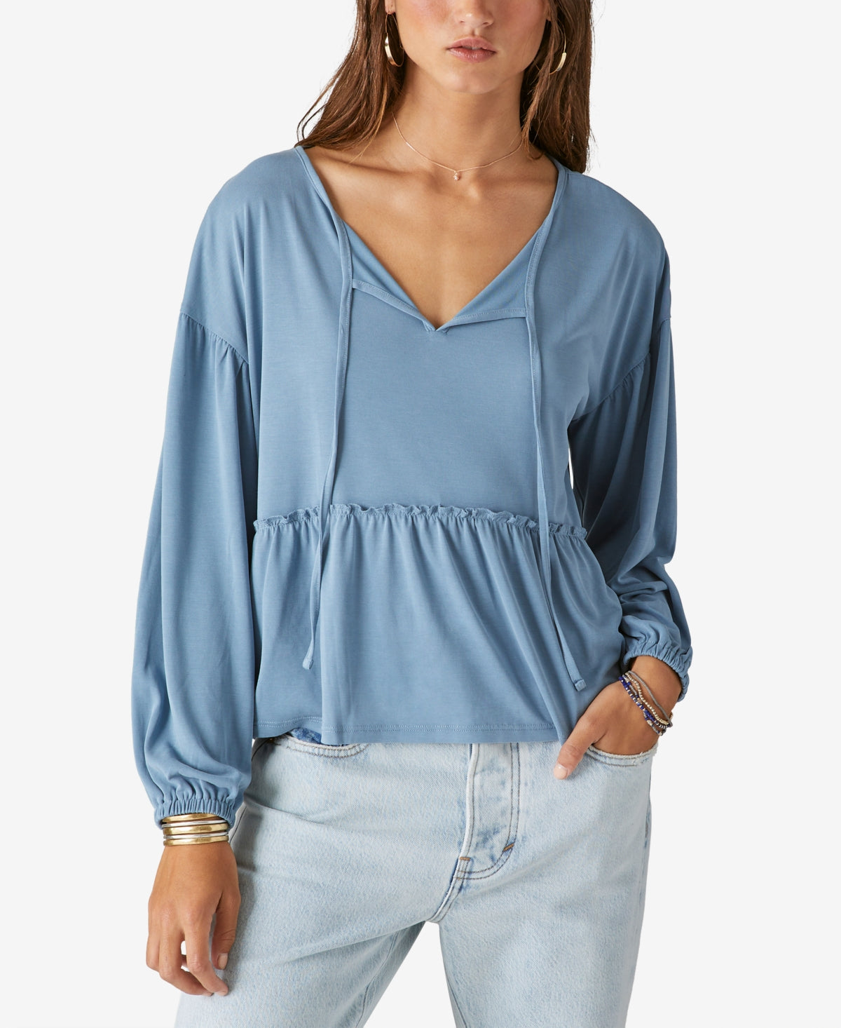 Lucky Brand Women's Sandwash Split Neck Long Sleeve Knit Top Blue Size Medium