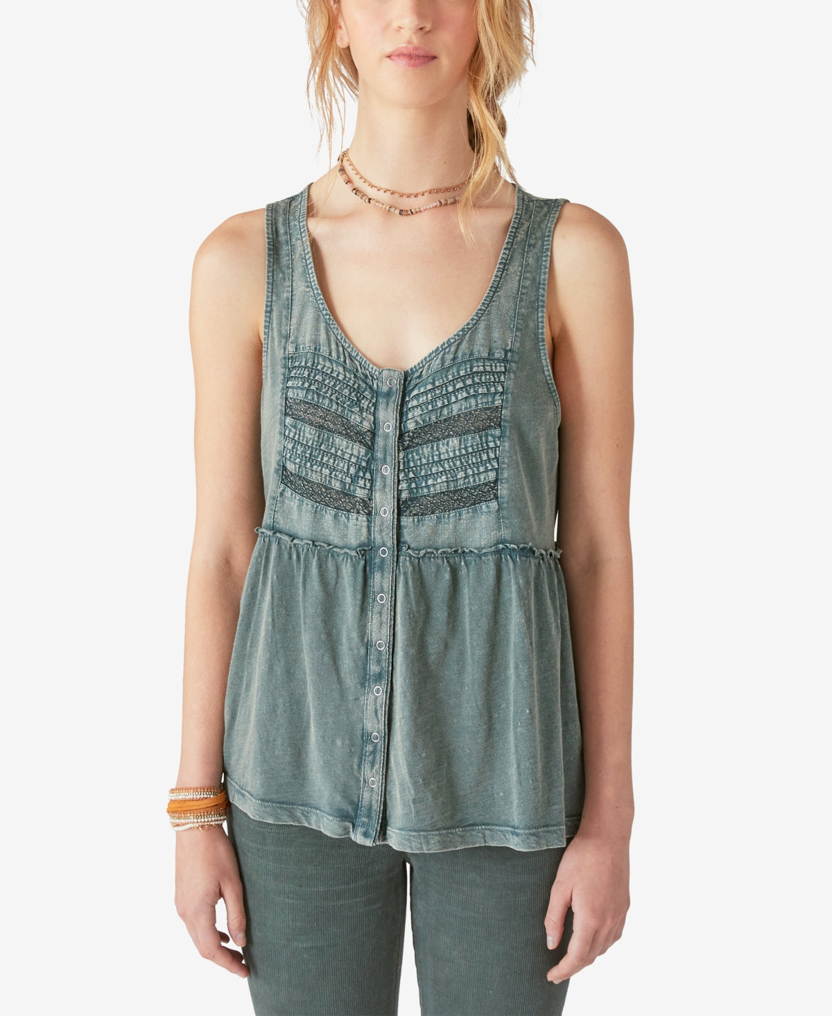Lucky Brand Women's Pintuck Cotton Tank Top Green Size Large