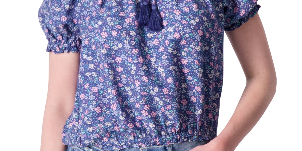 Lucky Brand Women's Printed Short Sleeve Peasant Top Blue Size Medium