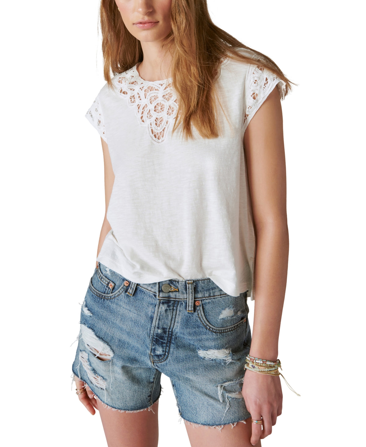 Lucky Brand Women's Lace Detail Dolman Sleeve Tee White Size Large
