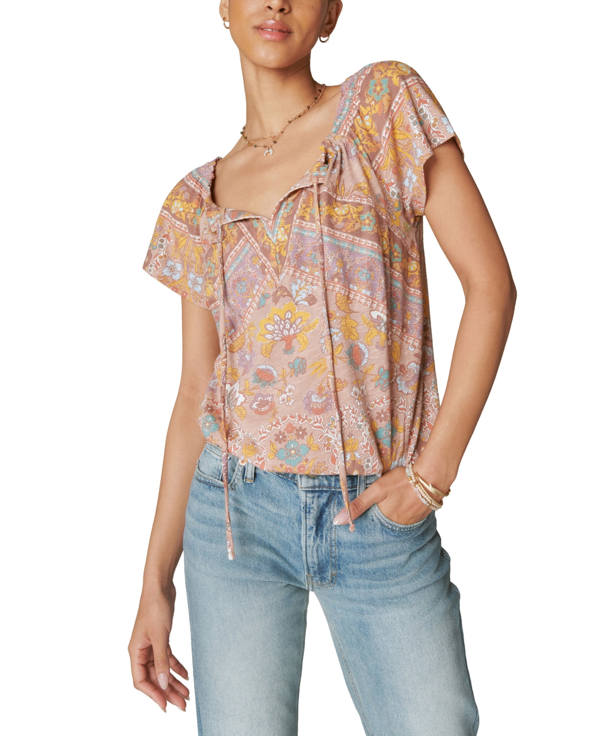 Lucky Brand Women's Cotton Printed Peasant Bubble Top Beige Size Medium