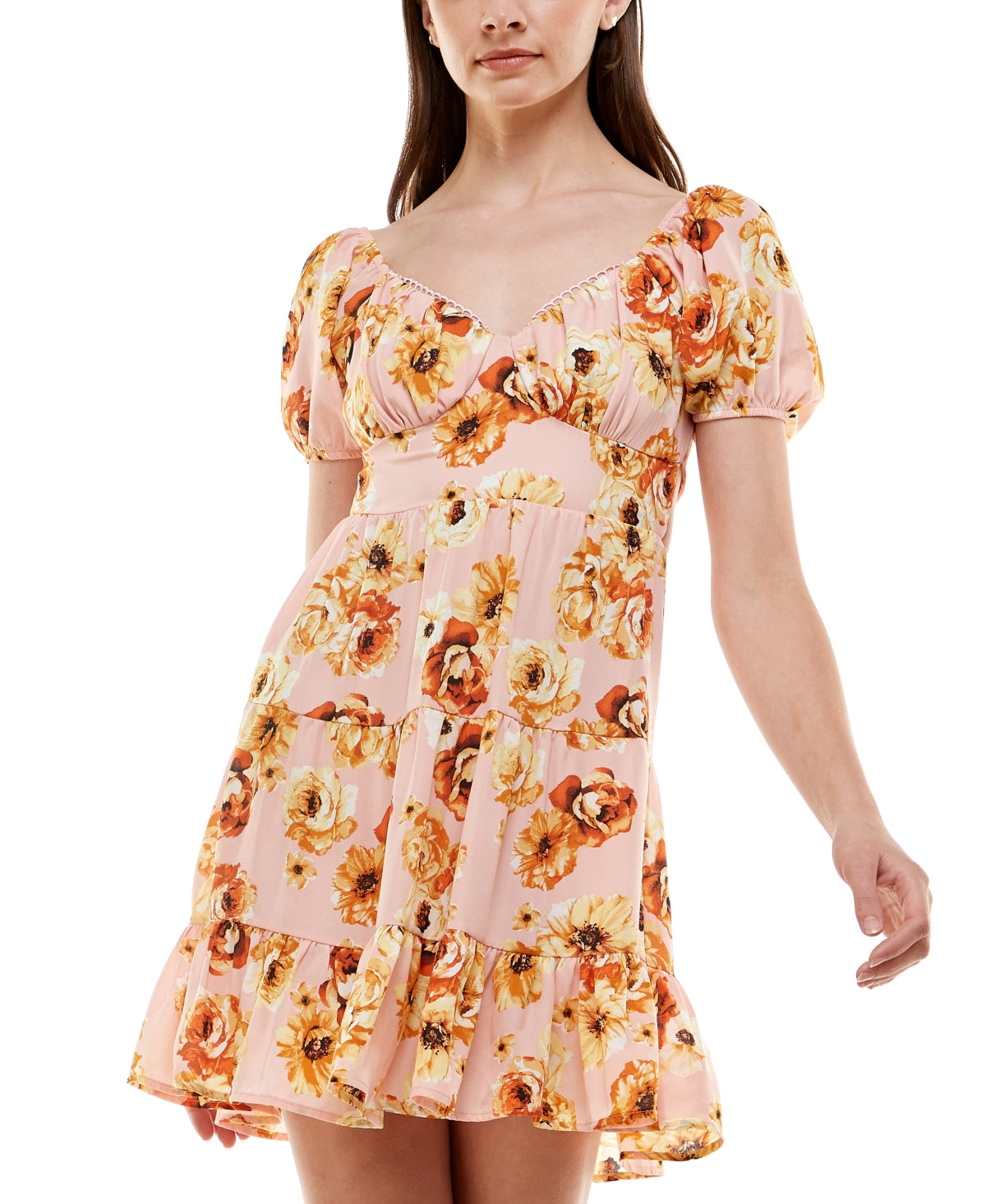 Almost Famous Junior's Tie Back Peasant Dress Yellow Size Medium