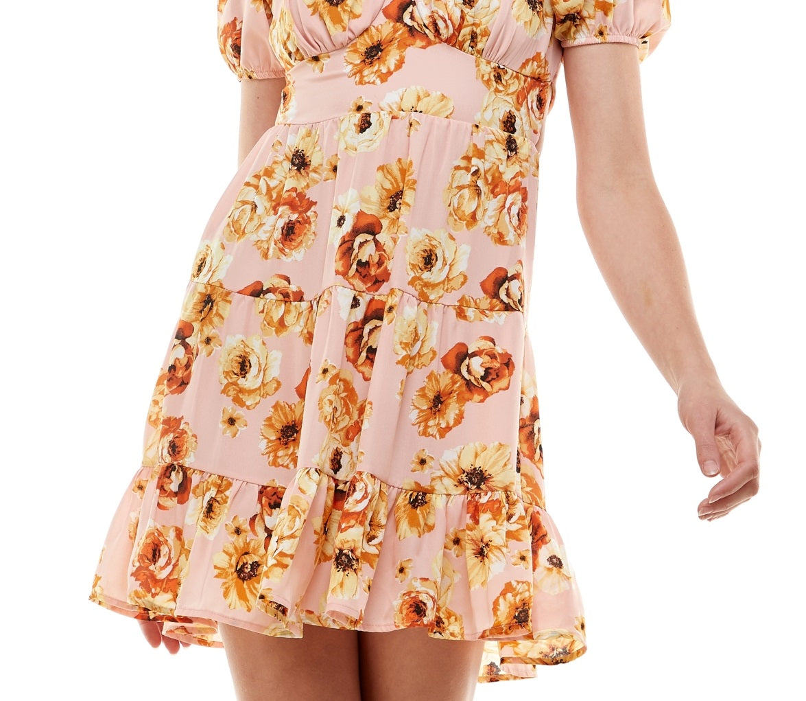 Almost Famous Junior's Tie Back Peasant Dress Yellow Size Medium