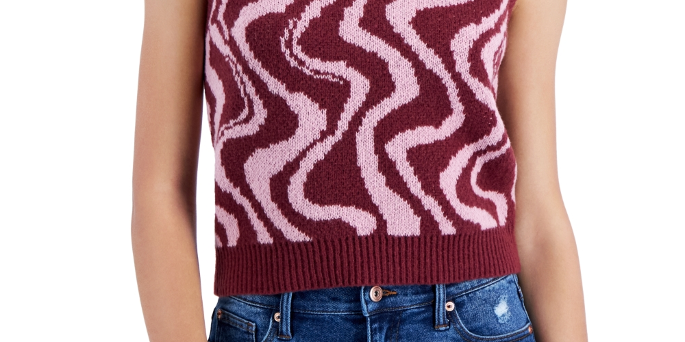 Crave Fame Junior's Retro Printed V neck Sweater Vest Red Size Small