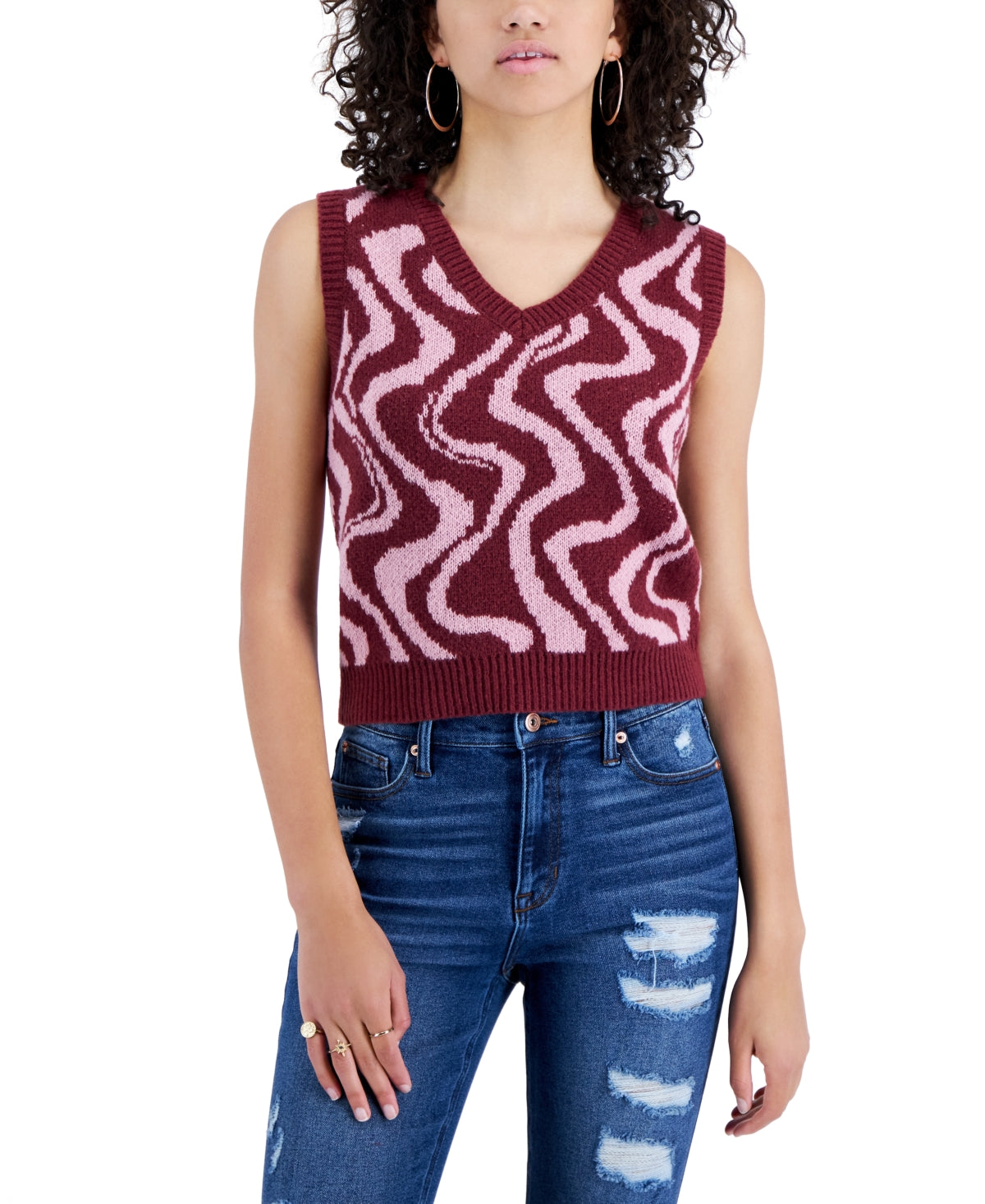 Crave Fame Junior's Retro Printed V neck Sweater Vest Red Size Large