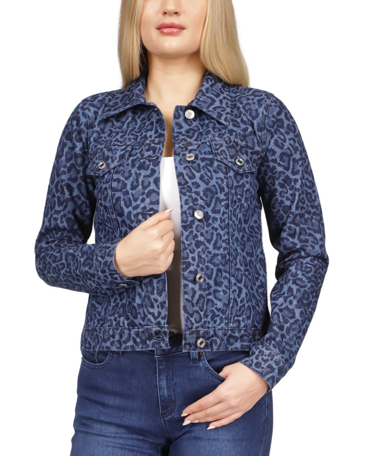 Michael Kors Women's Cotton Leopard Print Jean Jacket Blue Size Small