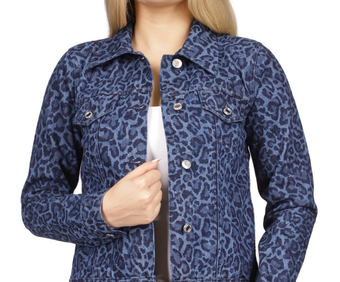 Michael Kors Women's Cotton Leopard Print Jean Jacket Blue Size Small