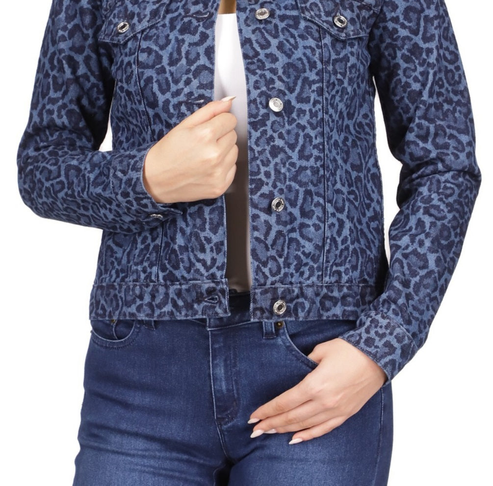 Michael Kors Women's Cotton Leopard Print Jean Jacket Blue Size Small