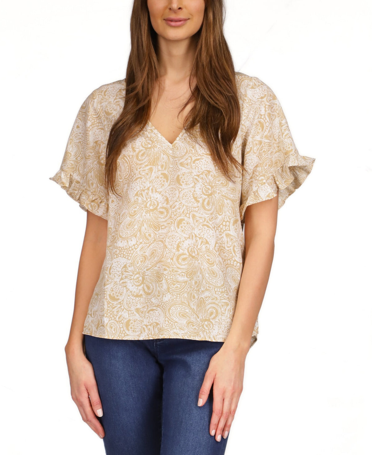 Michael Kors Women's Paisley Print Ruffled Sleeve Top Brown Size Small