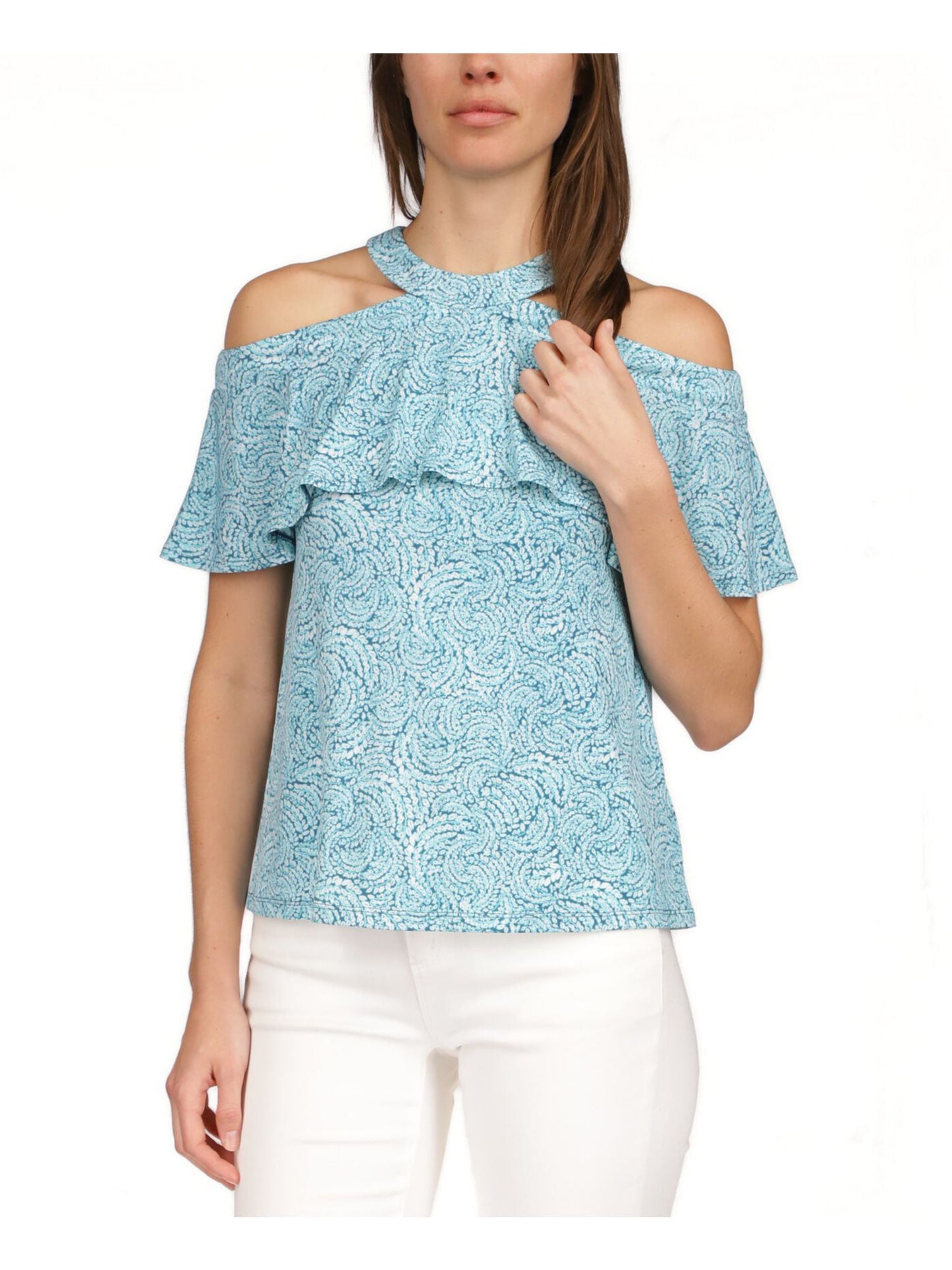 Michael Kors Women's Aqua Zippered Cold Shoulder Ruffled Unlined Short Sleeve Halter Top Blue Size X-Small