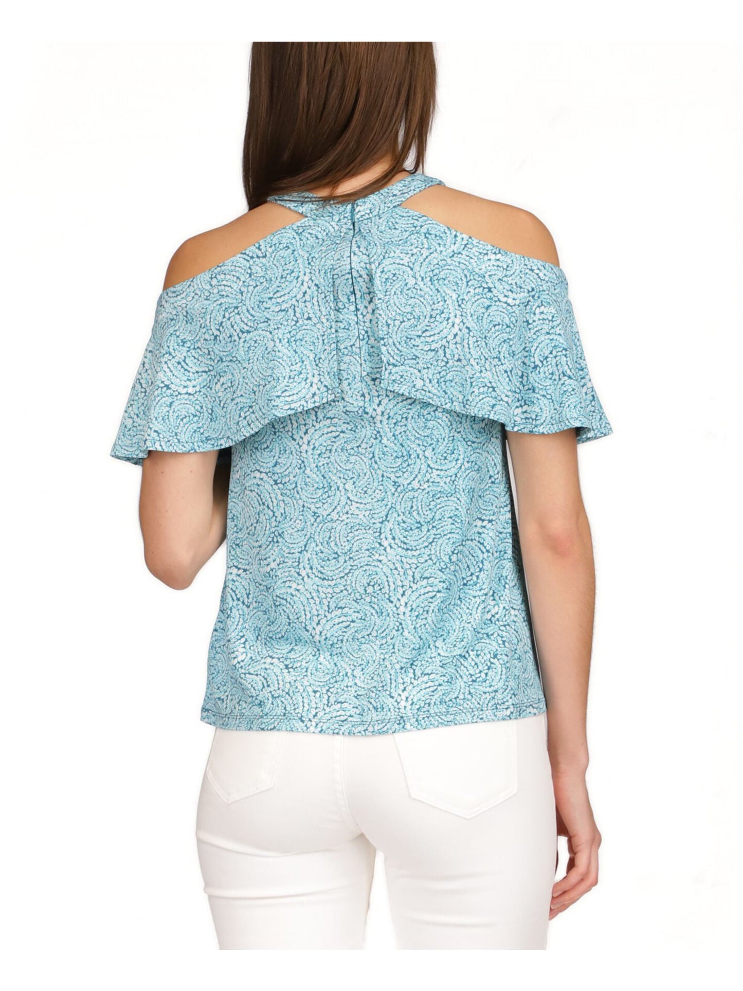 Michael Kors Women's Aqua Zippered Cold Shoulder Ruffled Unlined Short Sleeve Halter Top Blue Size X-Small