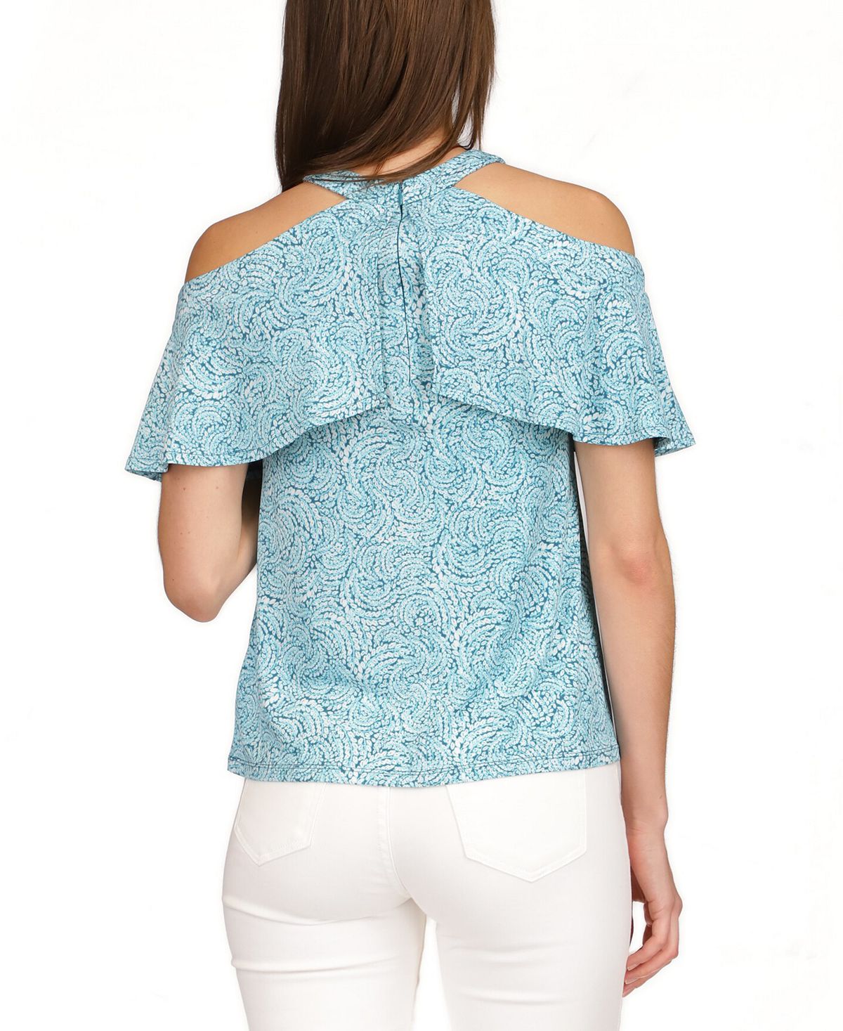Michael Kors Women's Printed Flounce Cold Shoulder Top Blue Size Large