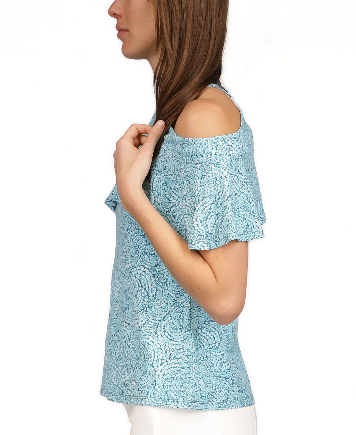 Michael Kors Women's Printed Flounce Cold Shoulder Top Blue Size Large