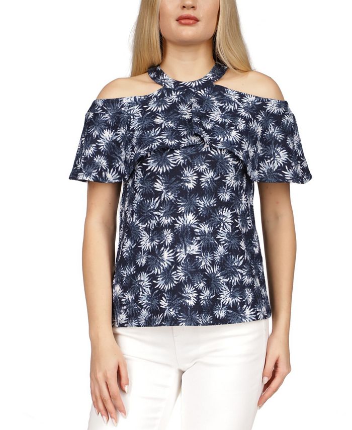 Michael Kors Women's Printed Flounce Cold Shoulder Halter Top Blue Size Medium