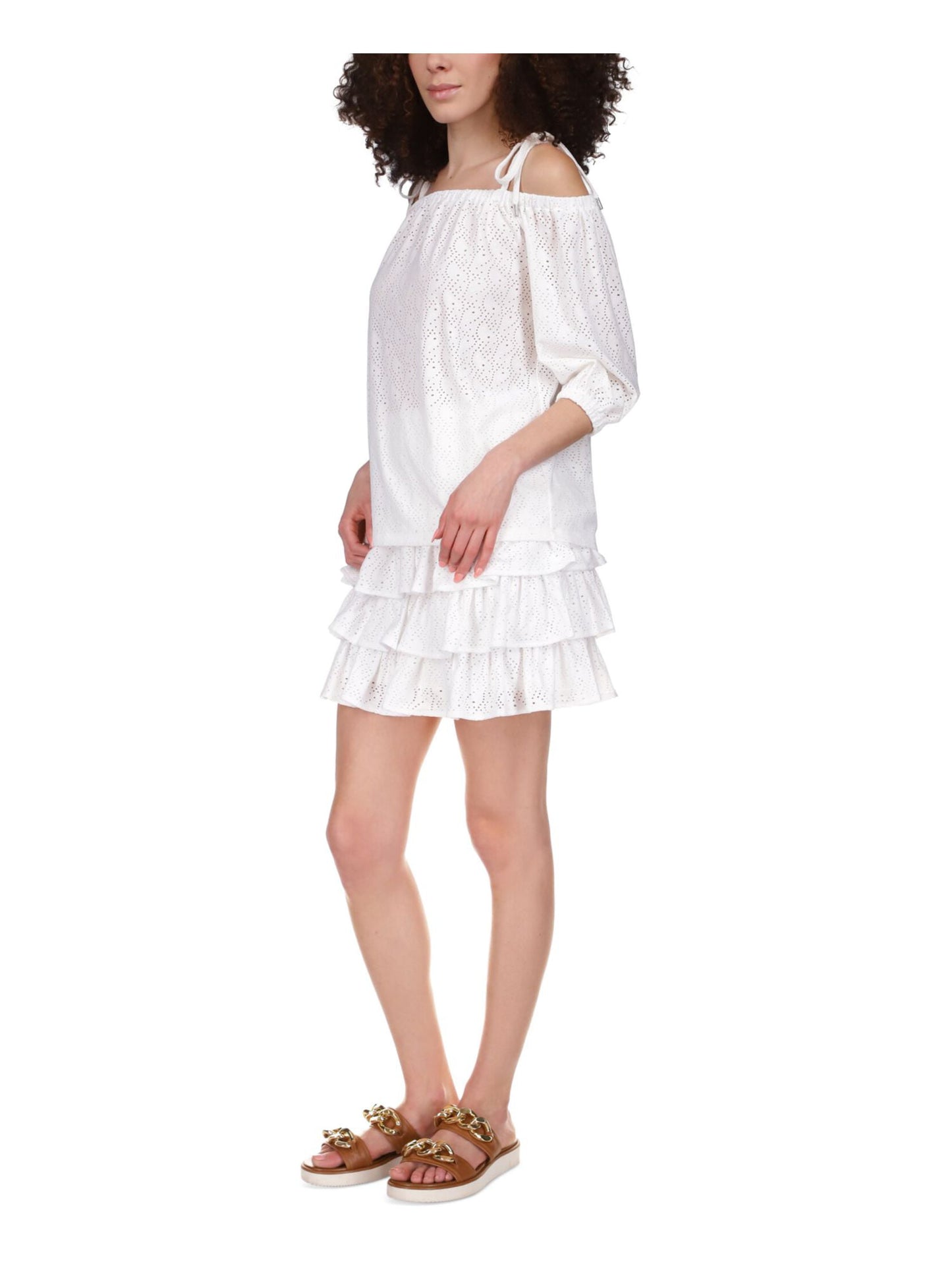 Michael Kors Women's Tie Eyelet Unlined Sheer Elastic Cuffs 3/4 Sleeve Off Shoulder Top White Size Medium