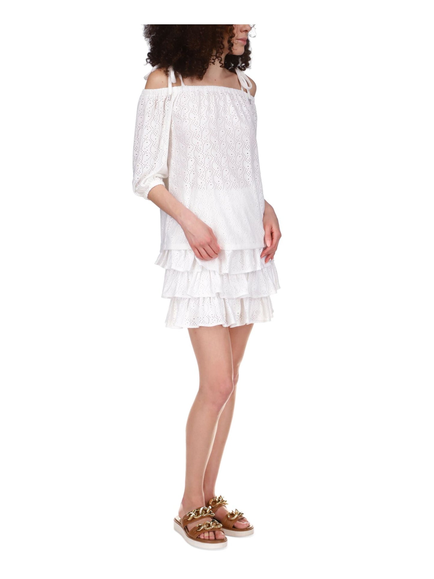 Michael Kors Women's Tie Eyelet Unlined Sheer Elastic Cuffs 3/4 Sleeve Off Shoulder Top White Size Medium