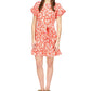 Michael Kors Women's Zippered Ruffled Printed Flutter Sleeve Round Neck Above The Knee Shift Dress Red Size Medium