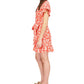 Michael Kors Women's Zippered Ruffled Printed Flutter Sleeve Round Neck Above The Knee Shift Dress Red Size Medium