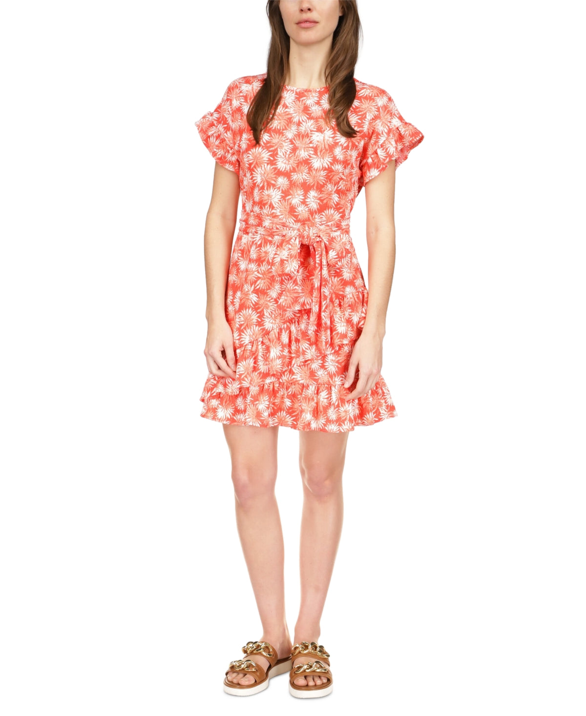 Michael Kors Women's Palm Ruffle Sleeve Dress Red Size Large