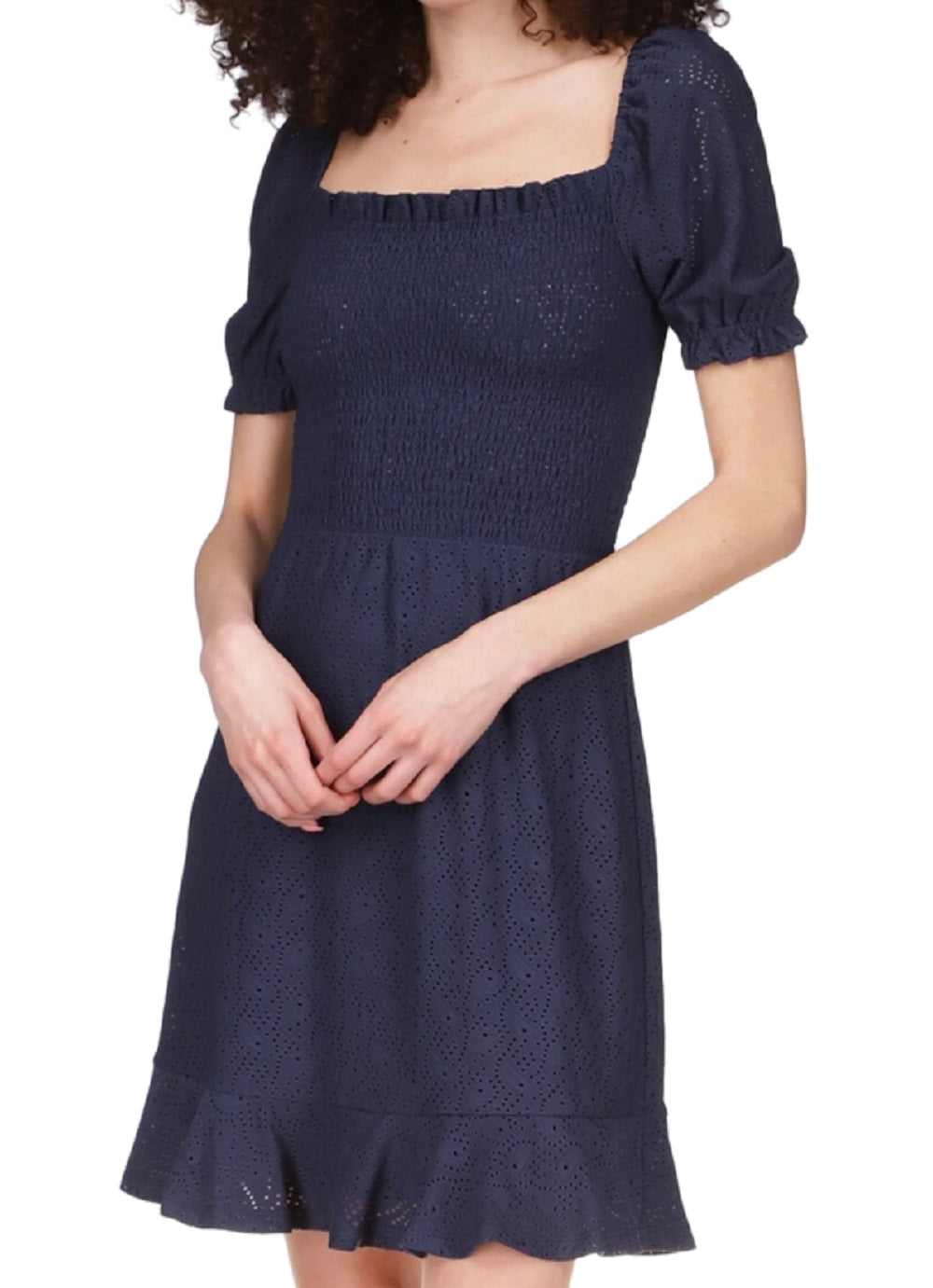 Michael Kors Women's Eyelet Smocked Peasant Dress Blue Size Medium