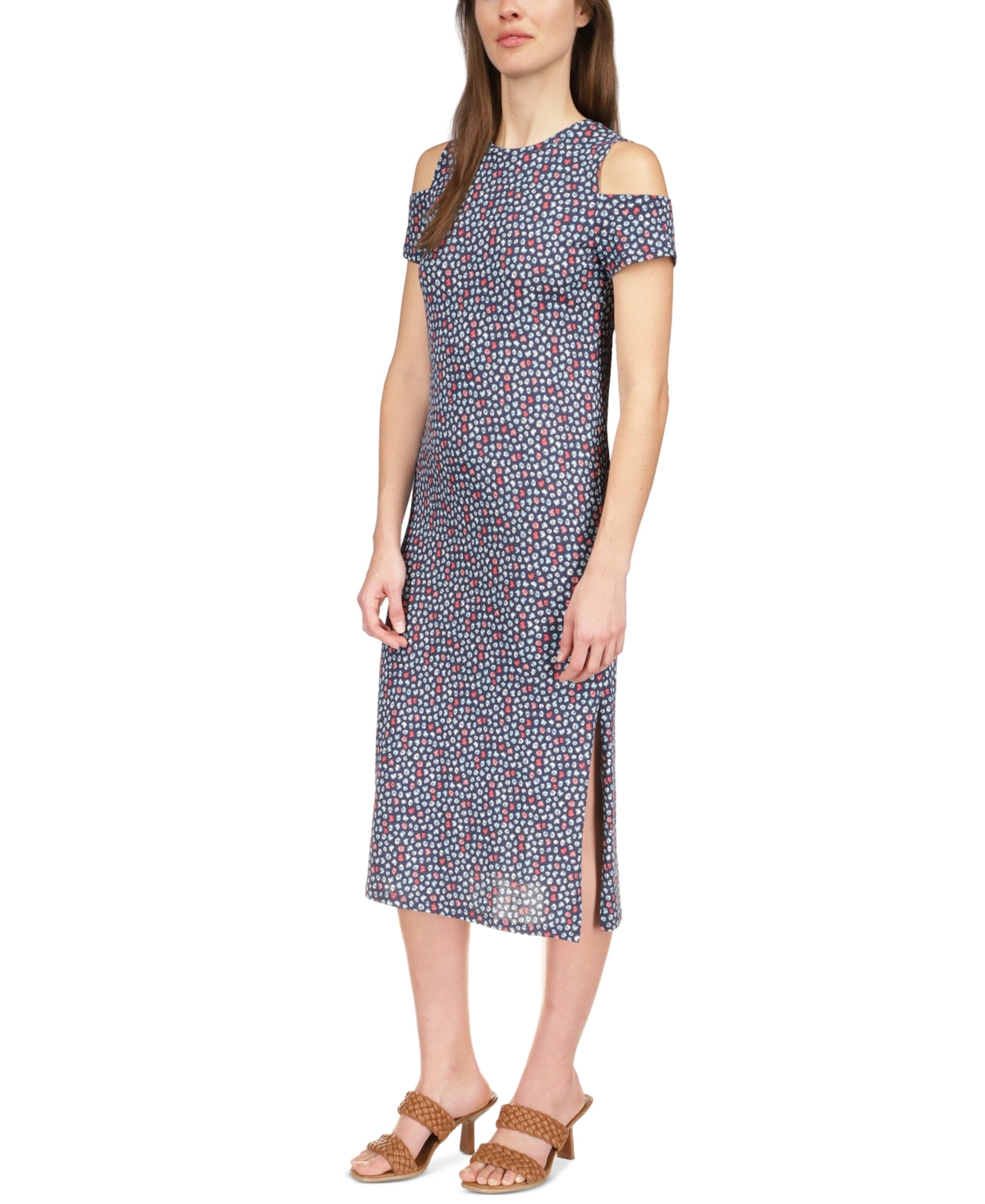Michael Kors Women's Palm Cold Shoulder Midi Dress Blue Size Small