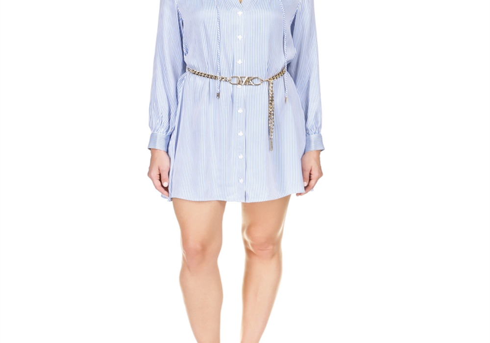 Michael Kors Pinstriped Satin Shirt Dress Blue