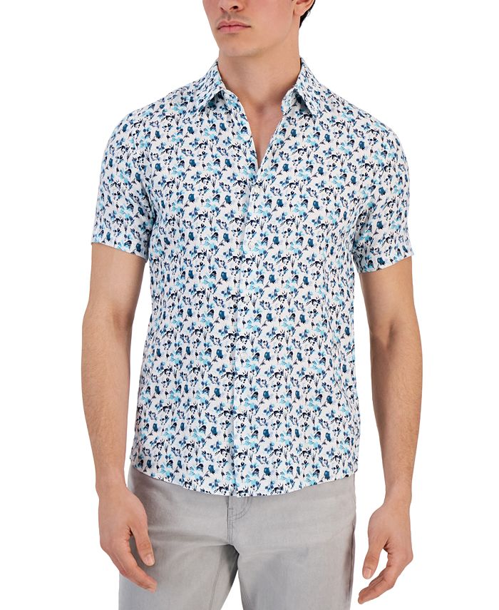 Michael Kors Men's Linen Floral Print Regular Fit Button Down Shirt White Size Small
