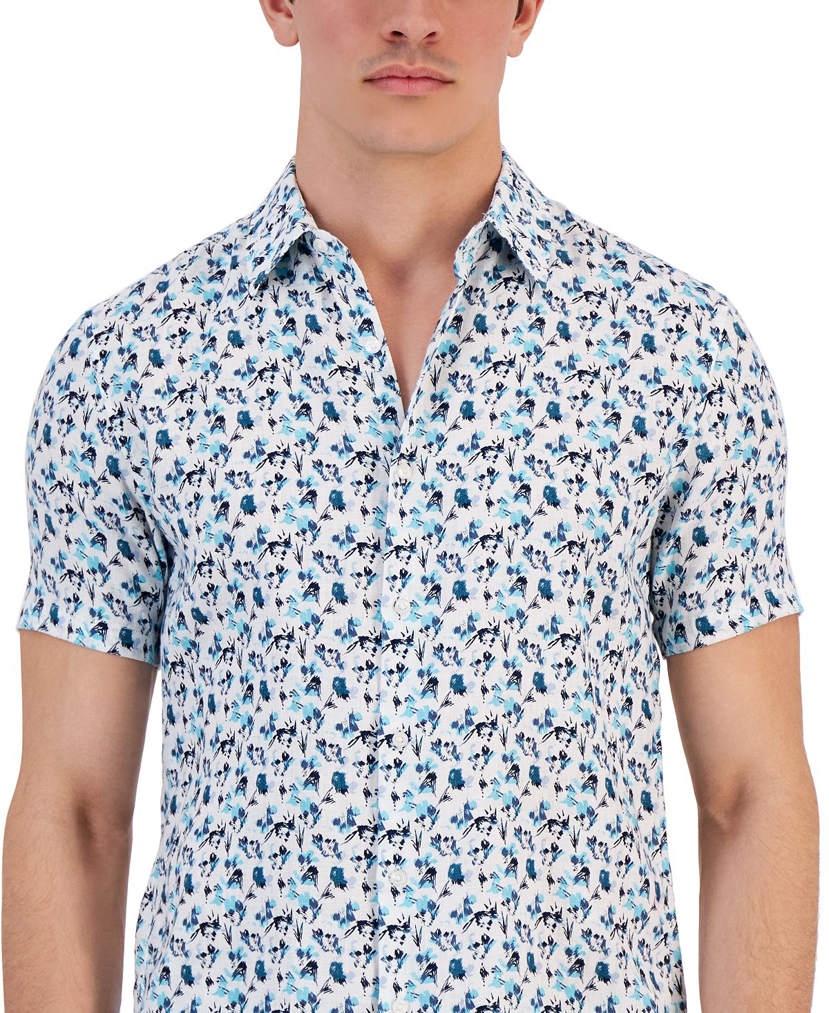 Michael Kors Men's Linen Floral Print Regular Fit Button Down Shirt White Size Small