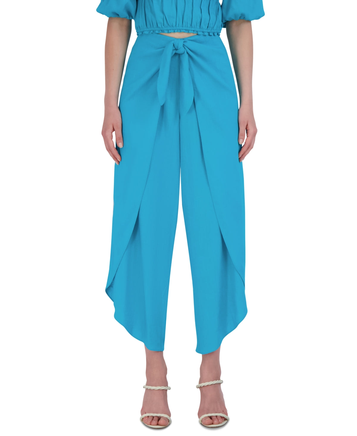 BCBGMAXAZRIA महिलाओं की टाई वेस्ट वाइड लेग पैंट नीले रंग की, लार्ज साइज़