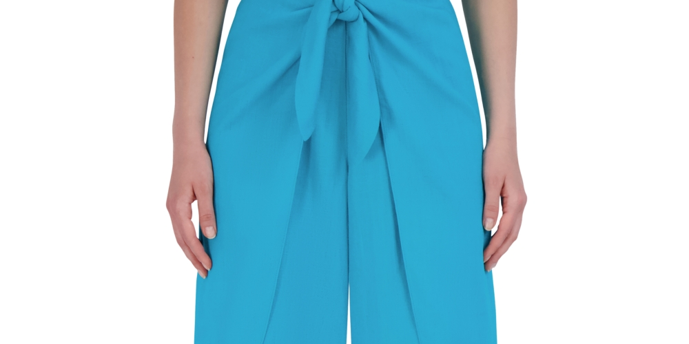 BCBGMAXAZRIA महिलाओं की टाई वेस्ट वाइड लेग पैंट नीले रंग की, लार्ज साइज़