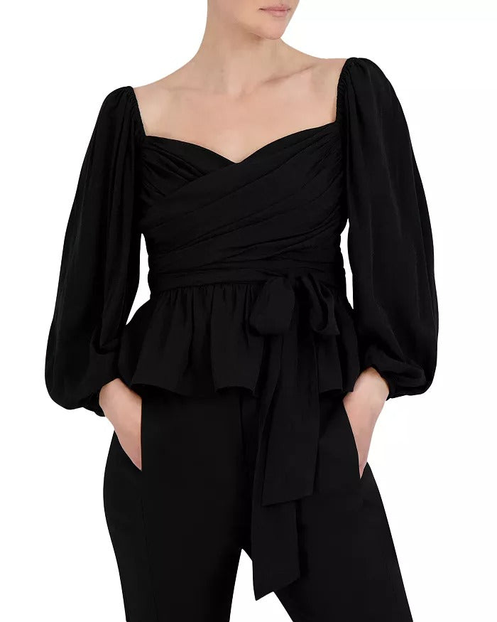 BCBGeneration Women's Jacquard Ruched Balloon Sleeve Top Black Size X-Small