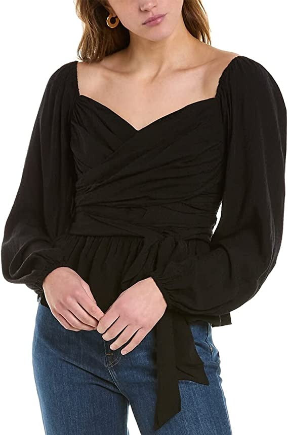 BCBGeneration Women's Jacquard Ruched Balloon Sleeve Top Black Size X-Small