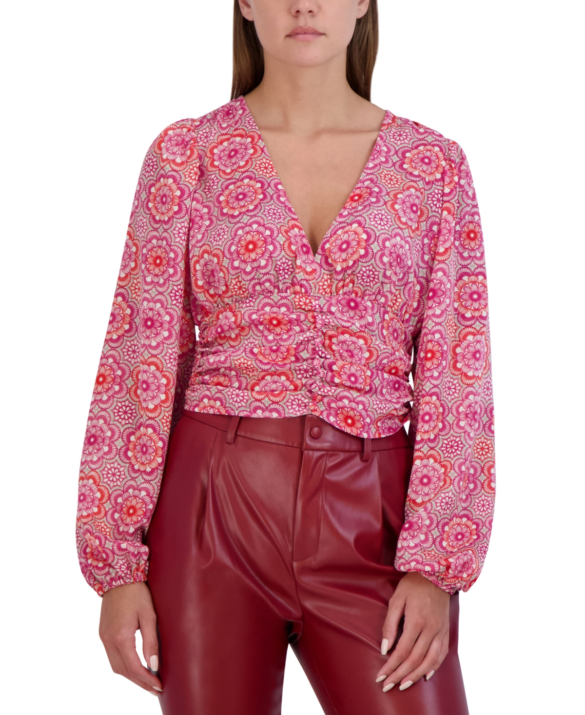 BCBGeneration Women's Cropped Floral Shirred Top Pink Size Medium