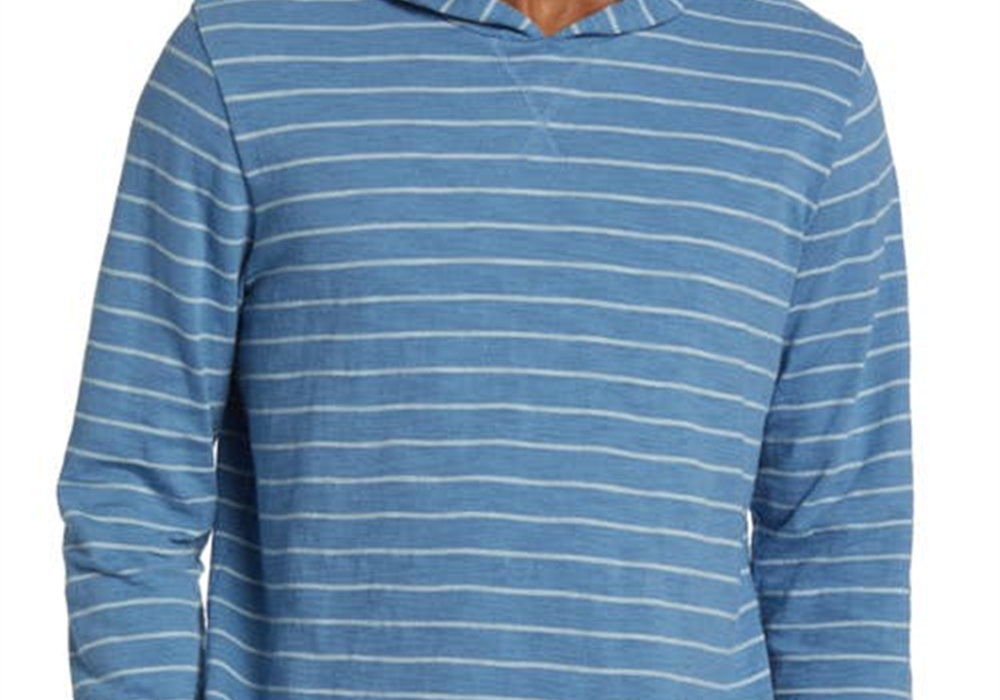 Vince Stripe Cotton Hoodie In Blue Ocean/Glacier Size X-Large