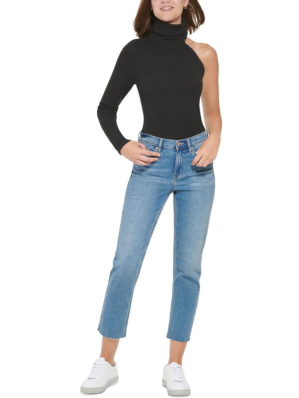 Calvin Klein Jeans Women's One Shoulder Turtleneck Top Black Size Medium