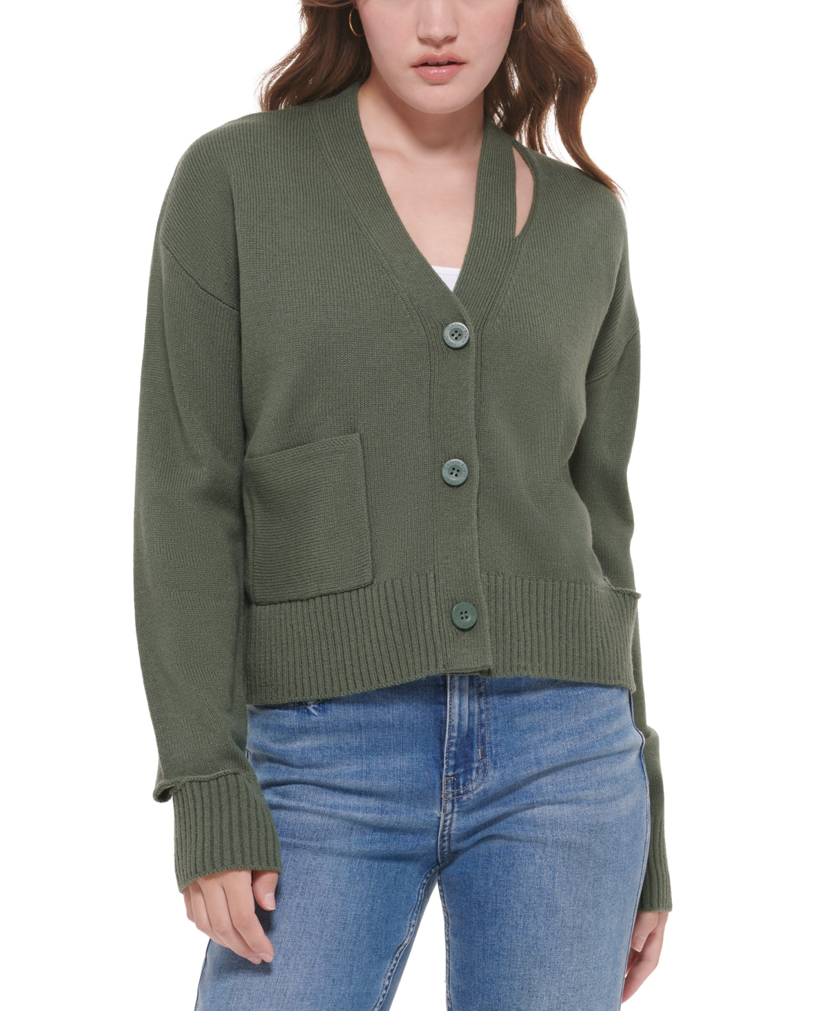 Calvin Klein Jeans Women's Cutout V Neck Cardigan Green Size X-Small