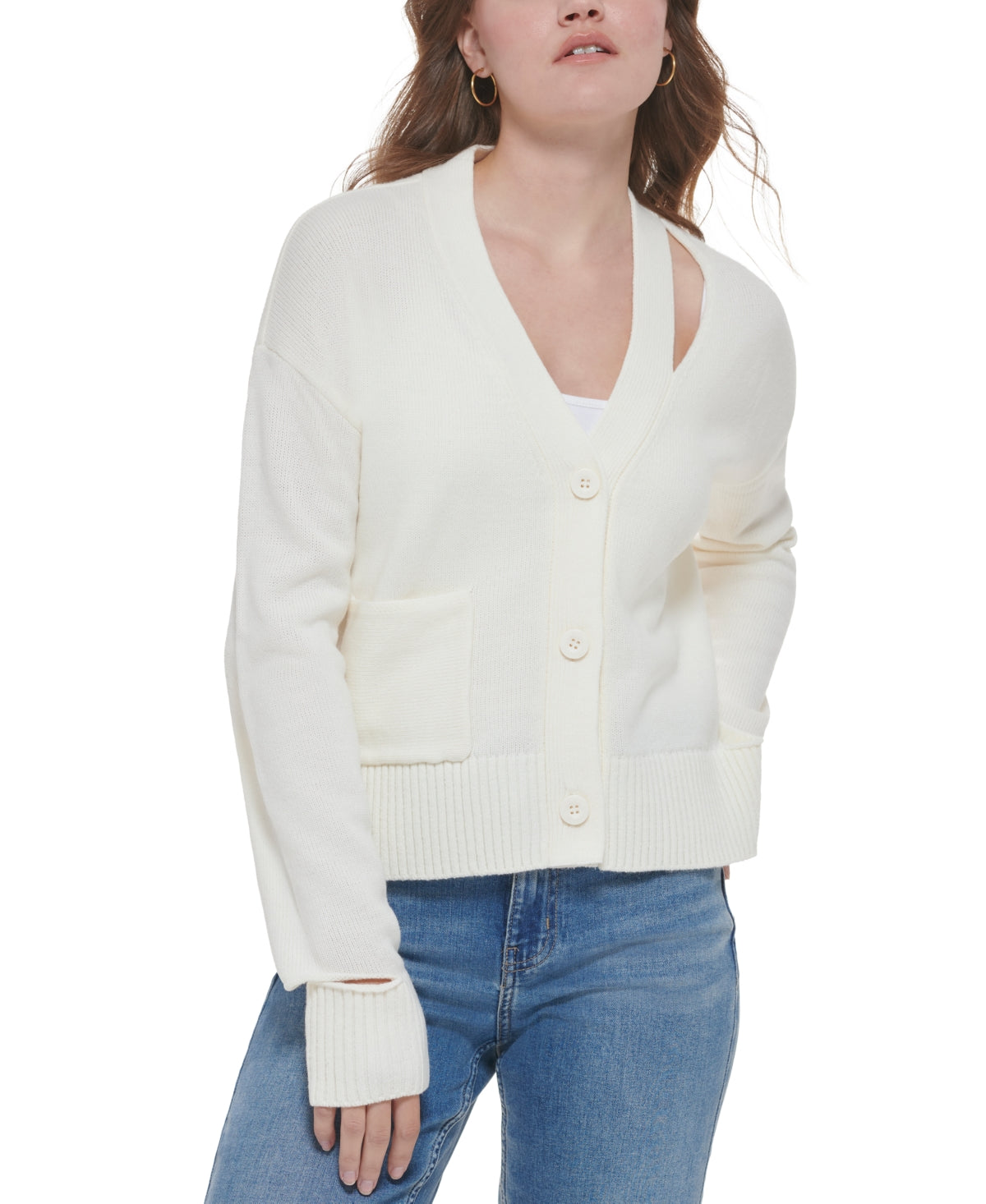 Calvin Klein Jeans Women's Cutout V Neck Cardigan White Size Small