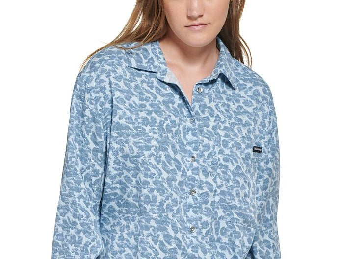 Calvin Klein Jeans Women's Long Sleeve Animal Print Boyfriend Shirt Gray Size Medium