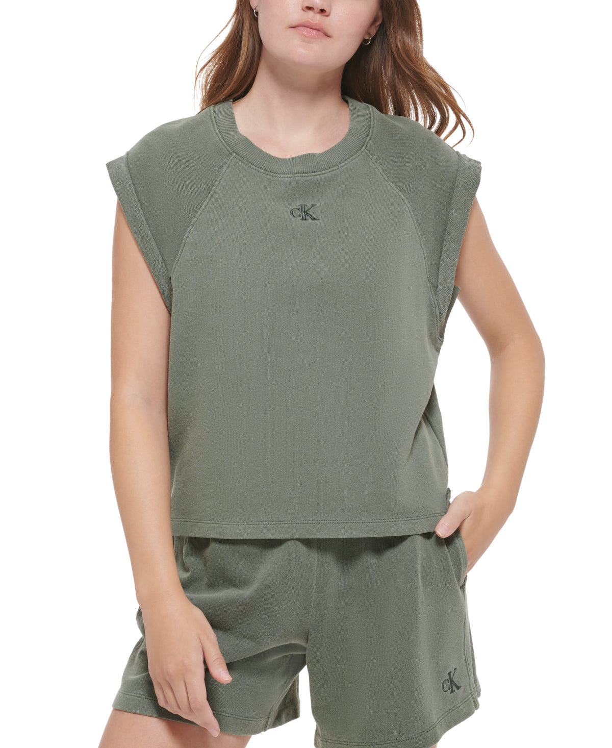 Calvin Klein Jeans Women's Sleeveless Cotton Sweatshirt Green Size Medium