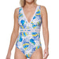 Tommy Hilfiger Women's Printed Mesh Inset Plunge One Piece Swimsuit White