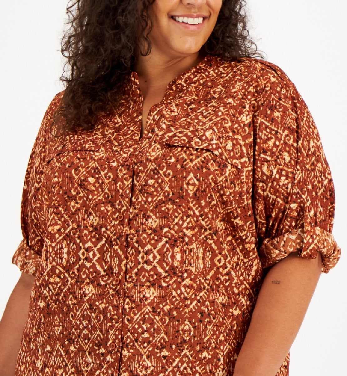 Calvin Klein Women's Button Down Roll Sleeve Top Brown Size 1X