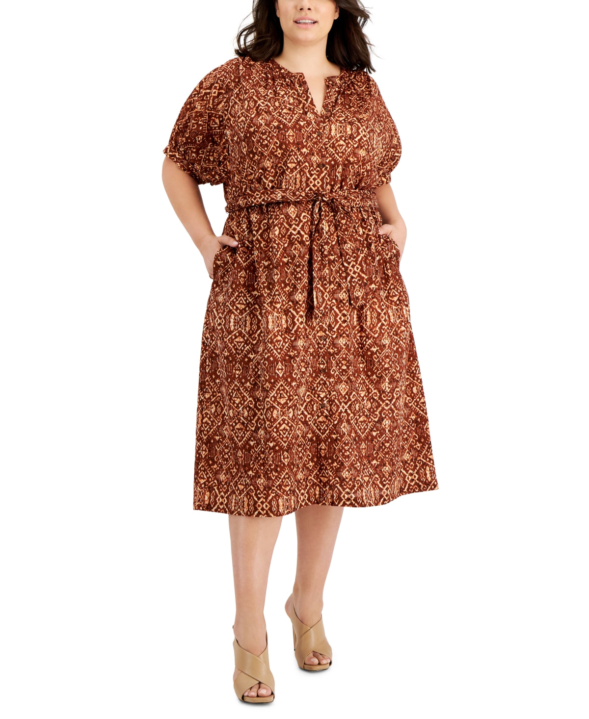 Calvin Klein Women's Cotton Batik PrinT-Shirt Dress Brown Size 20W