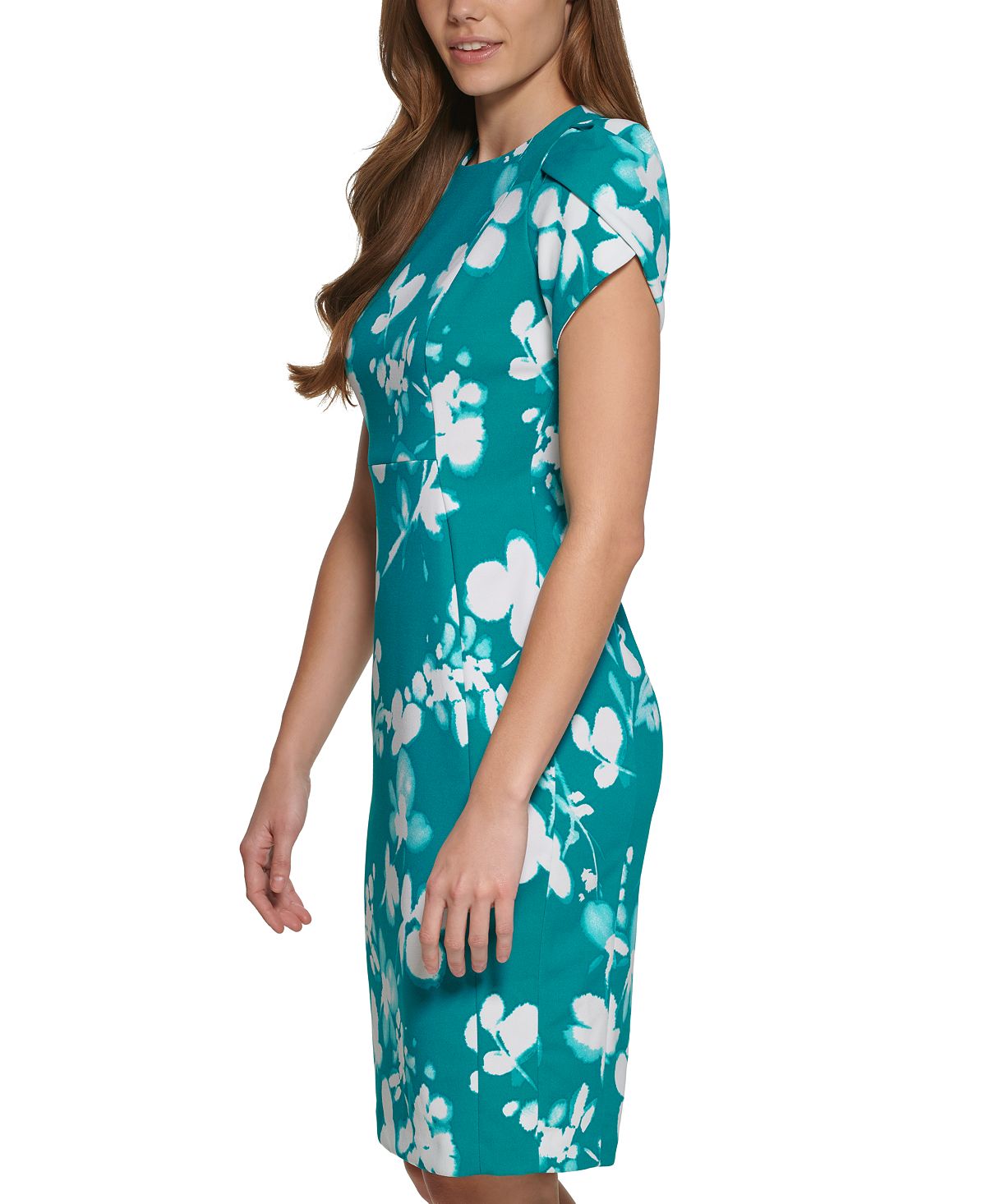 Calvin Klein Women's Printed Tulip Sleeve Sheath Dress Green Size 4Petite