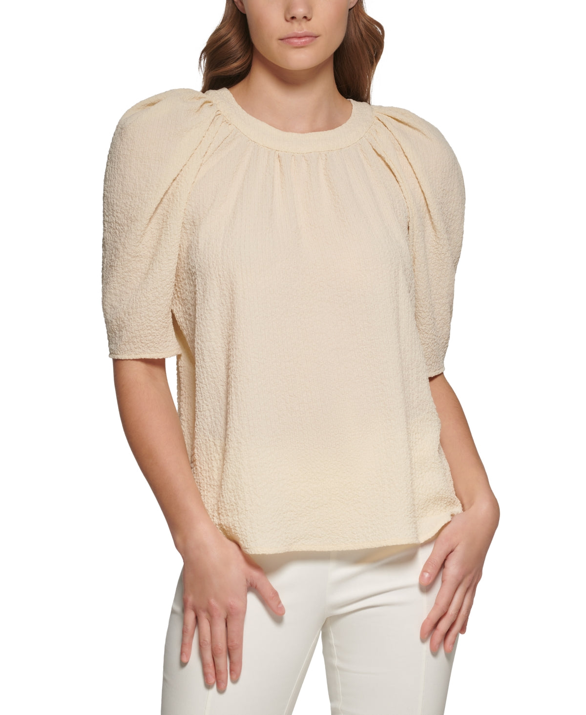 Calvin Klein Women's Textured Puff Shoulder Blouse Brown Size Small