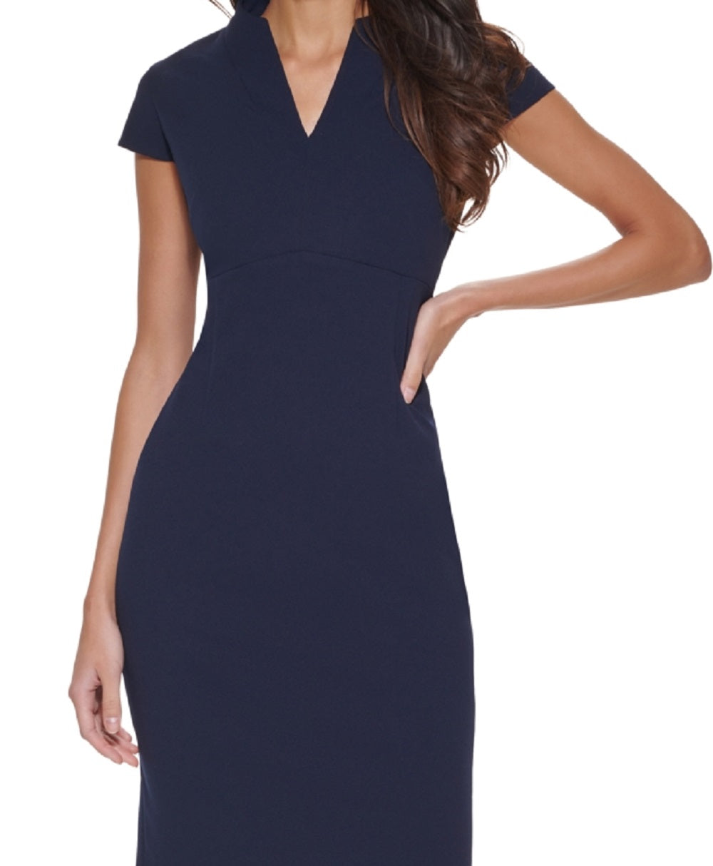Calvin Klein Women's Cap Sleeve Split Neck Sheath Dress Blue Size 2